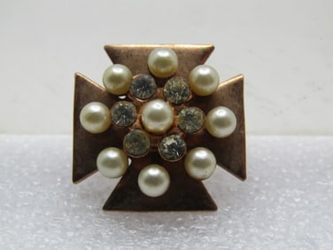 Vintage Faux Pearl & Rhinestone Maltese Cross Brooch, 10kt G.F., 1950's-1960's