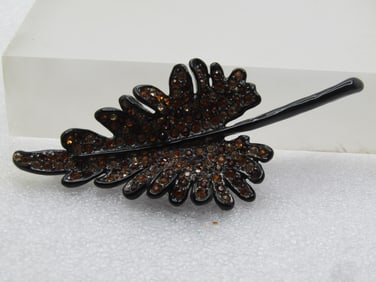 Vintage Black Enameled Rhinestone Leaf Brooch, Kenneth Lane, 1990's