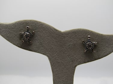Vintage Sterling Turtle Pierced Earrings, 1980's-1990's, Signed