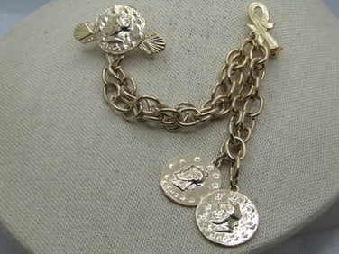 Vintage Faux Coin Double Pin Brooch with Chain, 1970's Statement