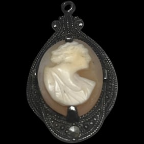 Vintage Carved Shell Cameo and Marcasite Pendant