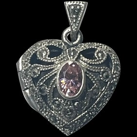 Vintage Sterling Silver Marcasite Heart Locket with Pink Oval Stone
