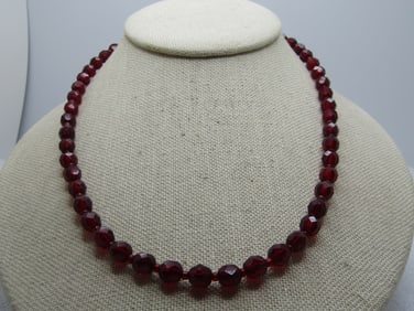 Vintage Red Faceted Beaded Necklace, 18", 1960's-1970's