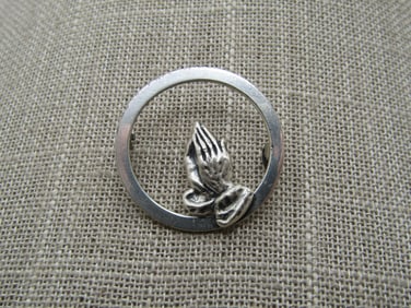Vintage Sterling Praying Hands Circle Brooch, 1960's-1970's