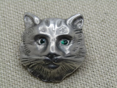 Vintage Pewter Cat Face Brooch/Pendant 1970's-1980's, Signed.