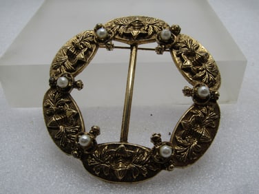 Vintage Large Sash Buckle/Brooch, Faux Pearls, 1970's-1980's