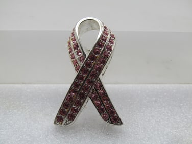 Pink Rhinestone Support Ribbon Brooch, 1990's-2000's