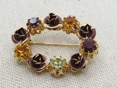 Vintage Austria Crystal Oval Brooch, Rose Blossoms, 1940's-1960's