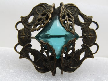 Vintage Aqua Filigree Brooch, C-Clasp, Art Nouveau, 1990-1910