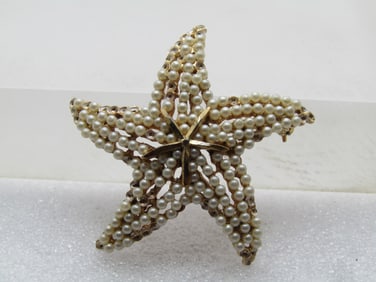 Vintage Faux Pearl Starfish Brooch, Signed BSK, 1960's