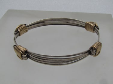 Vintage Sterling Multi-Strand Sliding Bangle Bracelet with 10kt Gold Wire Wraps, sz. 6.5"-8.5",