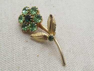 Vintage Green Rhinestone Floral Stem Brooch, 1960's