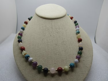 Vintage Mixed Green, Purple, Orange Jade & Agate Necklace, 24", 1960's-1970's.