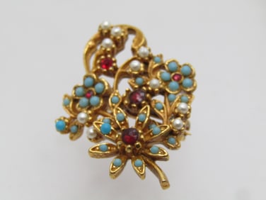 Vintage Faux Turquoise & Rhinestone Floral Stem Brooch, 1950's-1960's