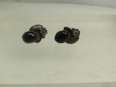 Vintage Sterling Southwestern Onyx Earrings, Pierced, 1980's, On Card