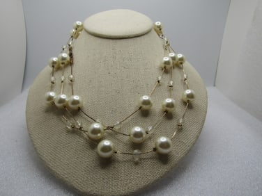 Vintage Faux Pearl & Clear AB Necklace 54", 1980's