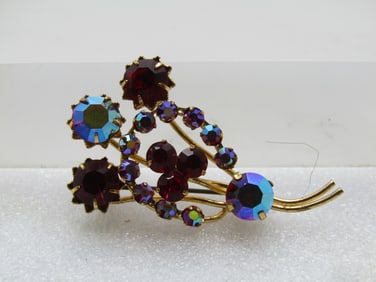 Vintage Red & AB Rhinestone Stem Brooch, 1960's