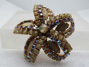 Vintage Tan & A.B. Rhinestone Looped Brooch, Signed Hobe, Mid-Century-1960's