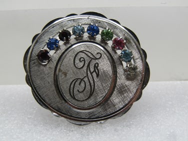 Vintage Sterling Initial F Brooch & Rhinestones, 1960's-1970's, Signed