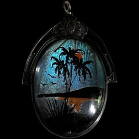 Vintage Sterling Silver Butterfly Wing Palm Tree Paradise Pendant