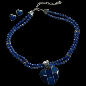 Vintage DTR Jay King Sterling Silver Lapis Lazuli Heart Pendant and Earring Set
