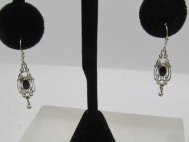 Vintage Sterling Onyx Filigree Drop Earrings, Pierced, 1.5", 1990's