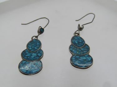 Vintage Sterling Inlaid Turquoise Chip Earrings, Pierced, Southwestern, 1960's-1970's