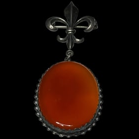 Vintage Carnelian Fleur De Lis Sterling Silver Brooch/Pin