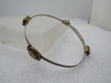 Vintage Sterling Multi-Strand Sliding Bangle Bracelet with 10kt Gold Wire Wraps, sz. 6"-9", Unisex,