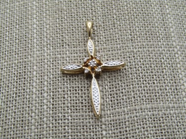 Vintage 10kt Two-Tone Diamond Cross Pendant, 1.25", 1970's-1980's