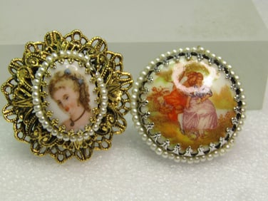 Vintage Pair Brooches, Cameo Style, Portrait/ Courting Scene, 1960's