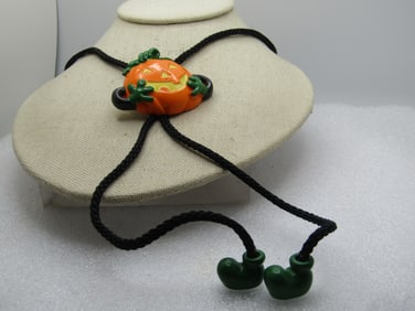 Vintage Halloween Pumpkin Bolo Tie, Dangling Feet, 36", Signed Current, 1970's-1980's