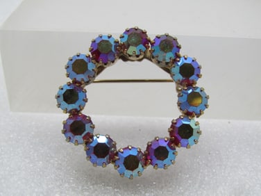 Vintage Red Aurora Borealis Rhinestone Brooch, 1960's.