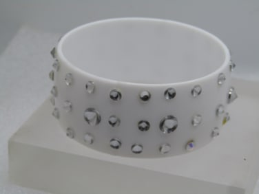 Vintage Wide White Lucite Bangle Bracelet, Clear Rhinestones, 8.5", 1980's