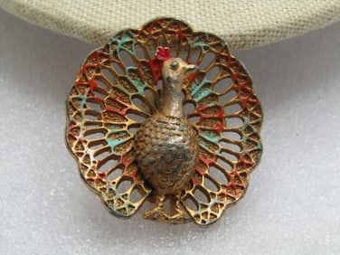 Vintage Enameled Peacock Brooch, Signed Jerry's, 1950's-1960's.