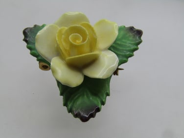 Vintage Painted Yellow Rose Porcelain Brooch, Signed Denton, England, 1960's