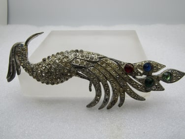 Vintage Rhinestone Peacock Brooch, Art Deco, 1930's-1940's, Cast Metal