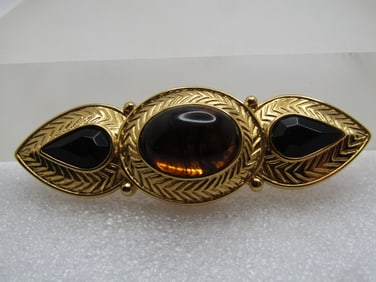 Vintage Faux Amber & Onyx Brooch, 1980's