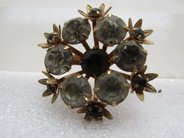 Vintage Black & Clear Rhinestone Floral Brooch, 1940's