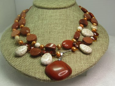 Double Strand Goldstone,Jasper/Agate, Glass Beaded Necklace, 16"/18", 1990's. 18ktGP