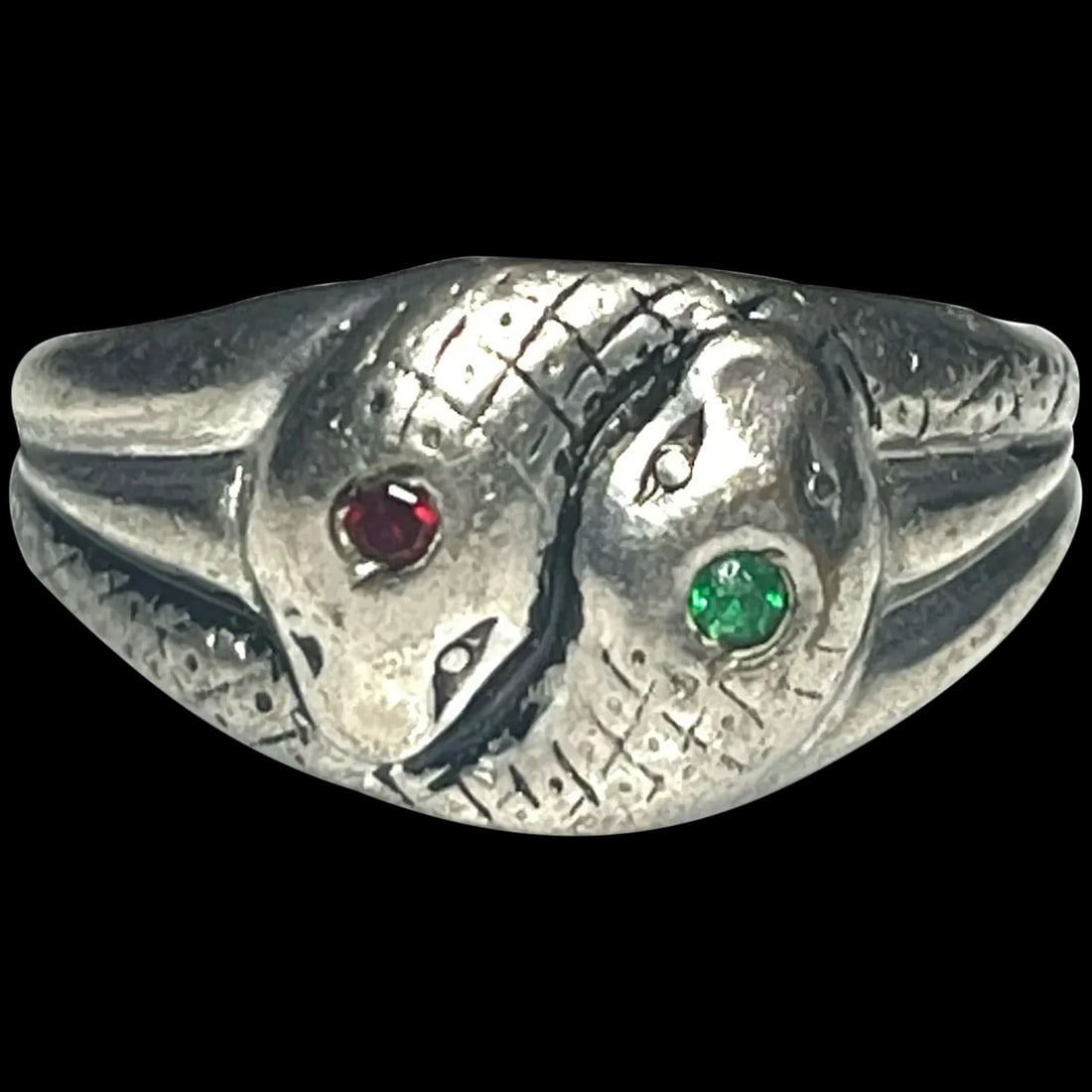 Vintage Double Snake Ring with Red and Green Eye: Title: Vintage Double Snake Ring with Red and Green Eye Description: Vintage Double Snake Ring with Red and Green Eye Hallmarked: No Hallmark Seen Tested 800 Silver Weighs 5.8 grams US Ring Size 11 Da