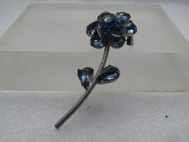 Vintage Blue Rhinestone Floral Stem Brooch, 1960's