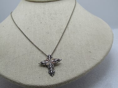 Vintage Sterling & 12kt Cross Necklace, Black Hills Gold, 18", 1980's-1990's, Signed