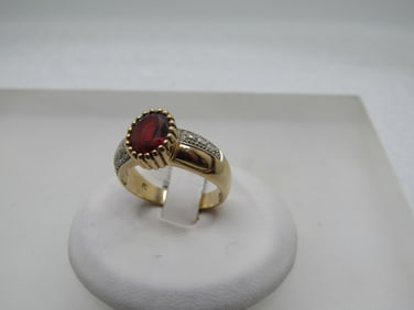 Vintage 14kt Red Tourmaline & Diamond Ring, Sz. 7, Mid-Century, Signed