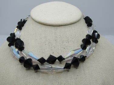 Vintage Black & Clear AB Beaded Necklace, 14.5", Double Strand, 1950's-1960's