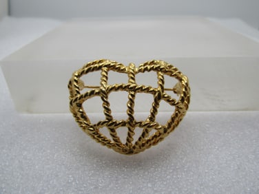 Vintage Open Grid Heart Brooch, Signed AK, 1980-'s-1990's.