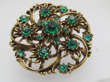 Vintage Green Rhinestone Spiral Blossom Brooch, Signed Coro 1960's