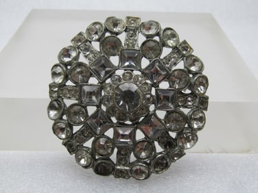 Vintage Clear Rhinestone Brooch, Cast Metal, 1930's-1940's