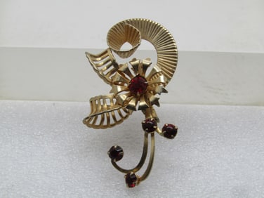 Vintage Red Rhinestone Curled Brooch, Deco Themed, 1940's-1950's