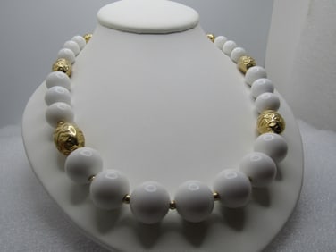 Vintage White & Gold Beaded Necklace, Graduated, 24", 1960's-1970's, Signed